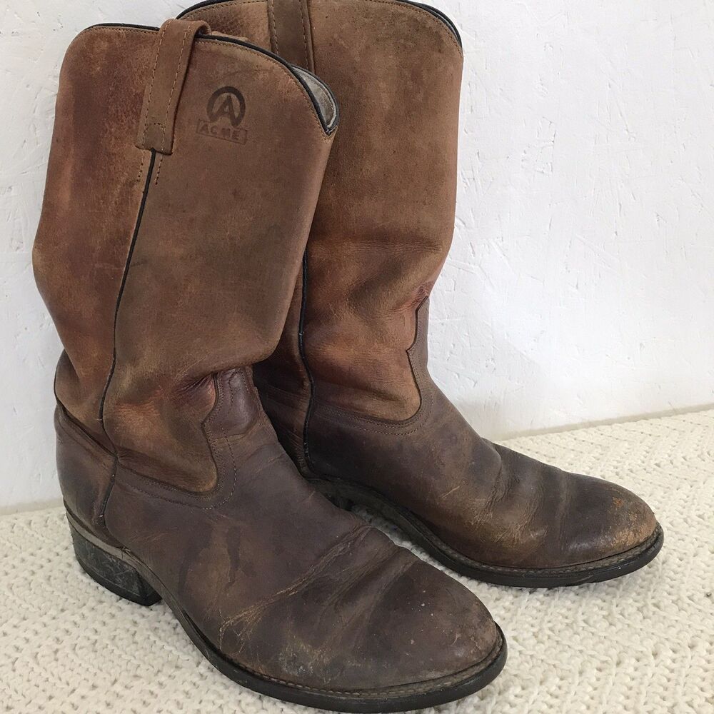 ACME Brown Work Worn Leather Western Boots Size 9E Made in USA Vintage